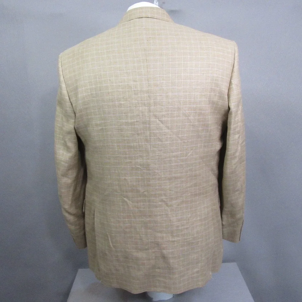 Jos A Bank Mens Sport Coat 43L Tan Windowpane‎ Check Linen Cotton Blazer